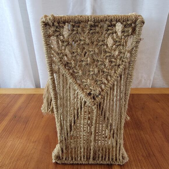 Vtg-Style Macrame Rattan Magazine Rack Bin with Tassels – Boho Storage – 25x7x12 - Picture 7 of 8